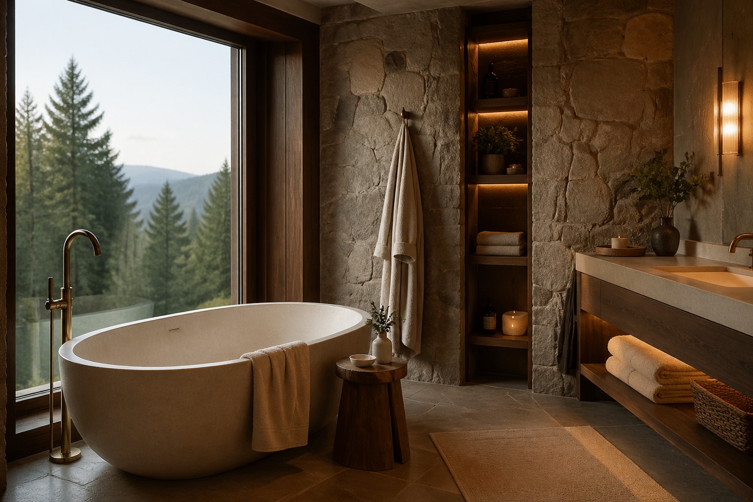Luxury stone bathroom with freestanding bathtub and warm indirect light