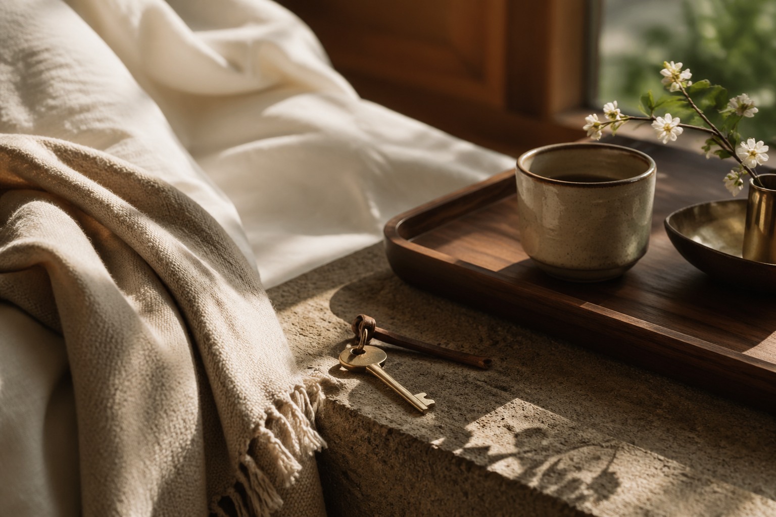 Close detail of linen, wood, brass, and ceramic hospitality textures