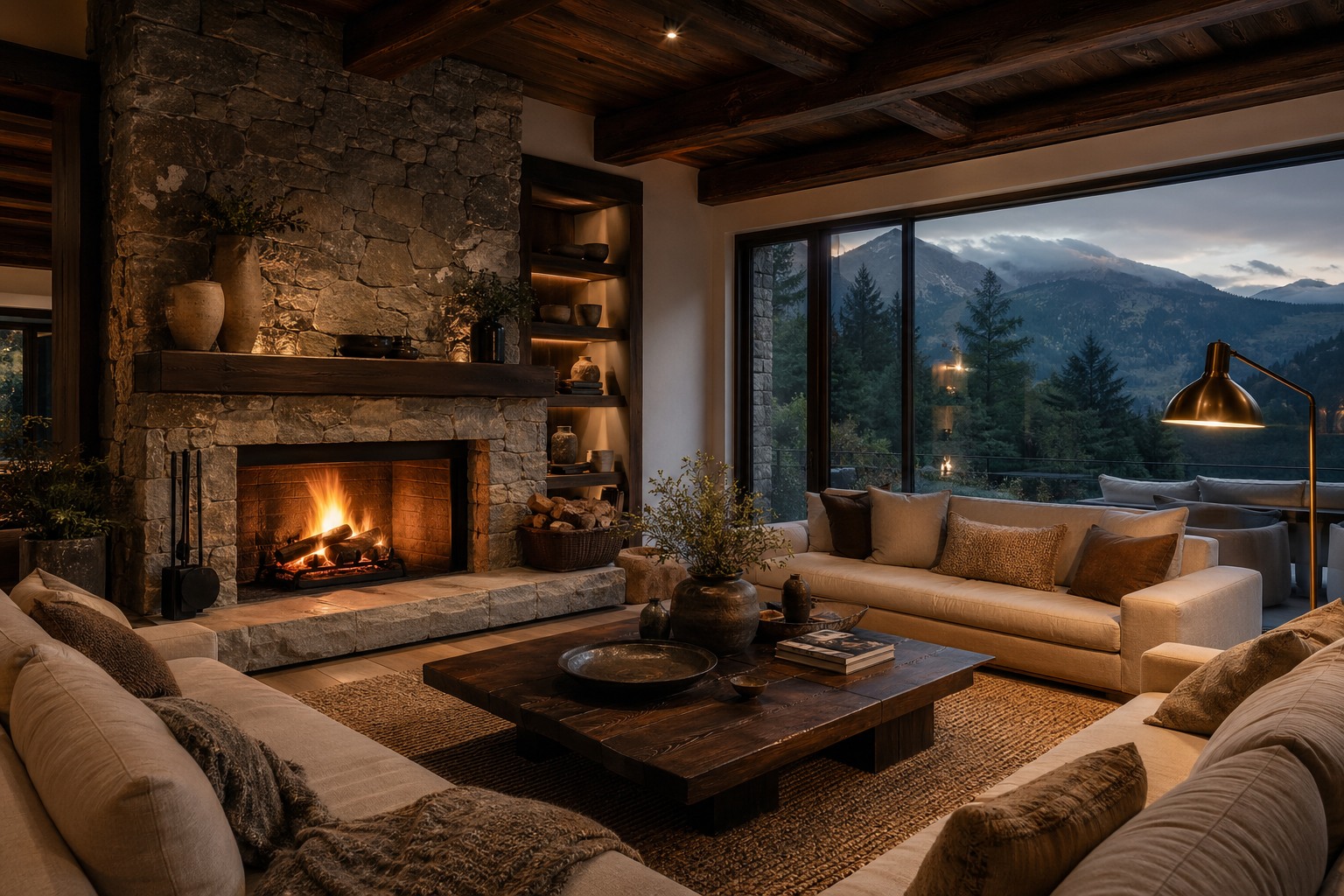 Elegant living room with stone fireplace, dark wood beams, and warm lighting