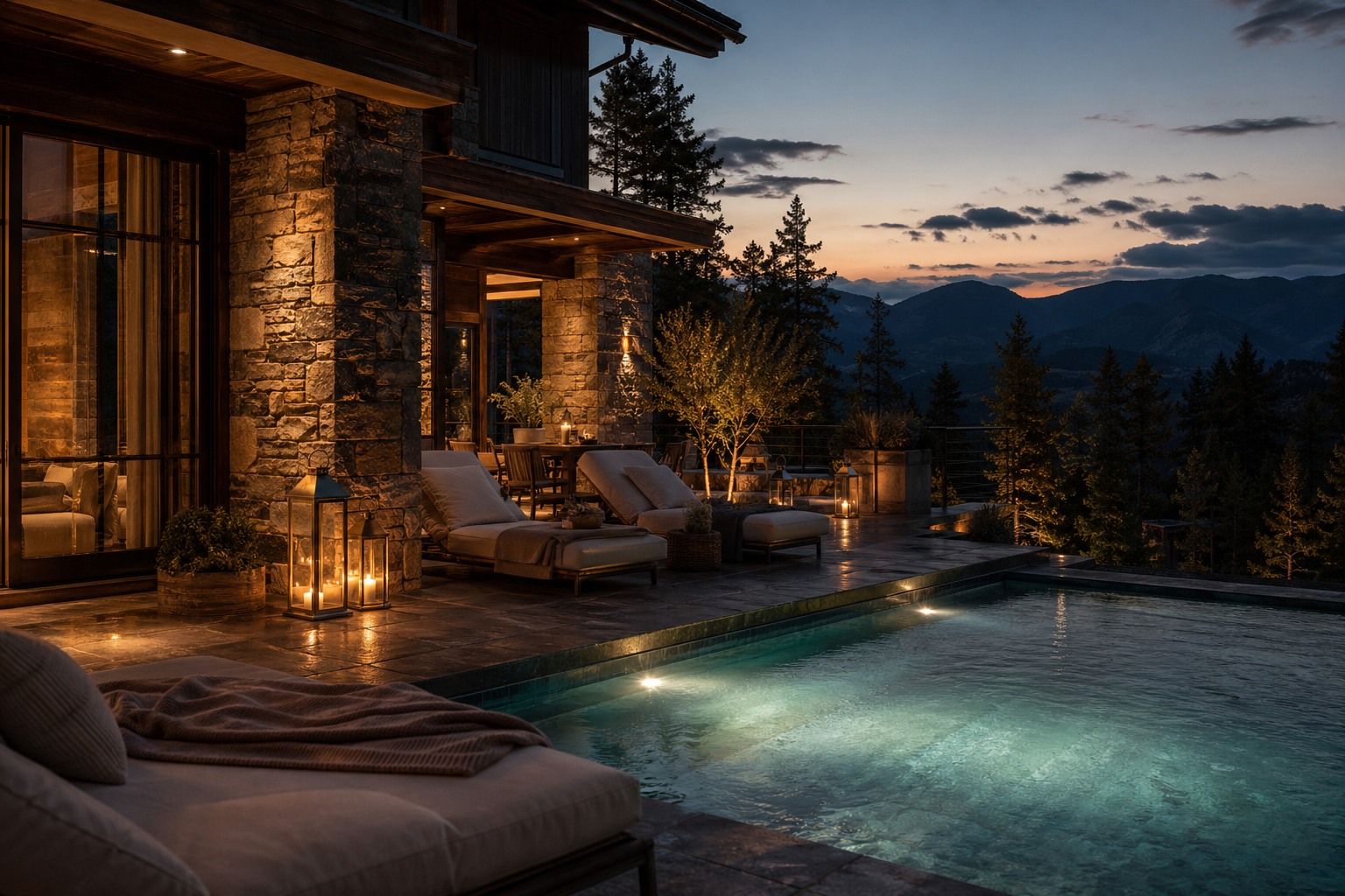 Evening terrace pool with warm lights and a quiet mountain view