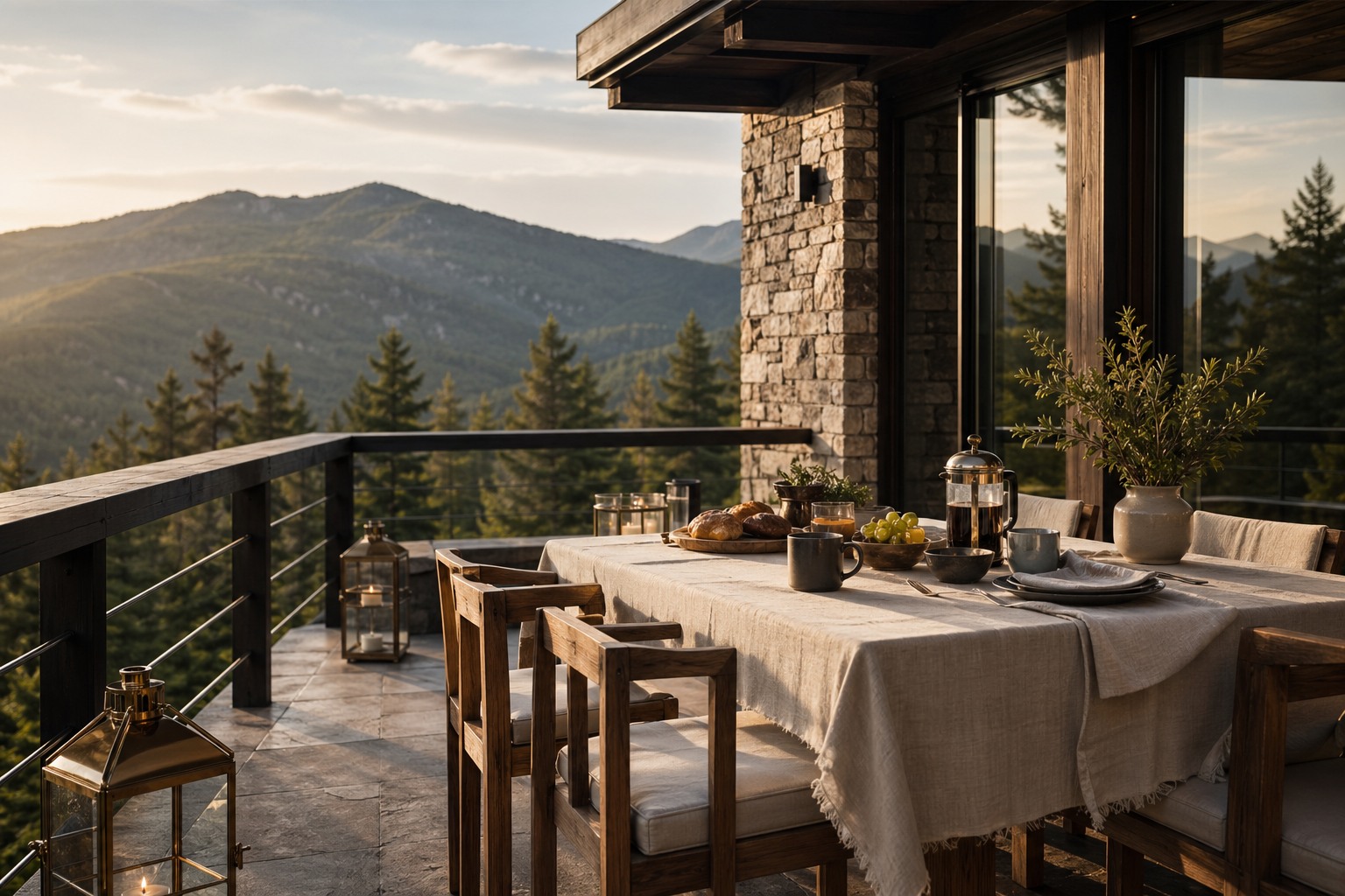 Private terrace with breakfast table overlooking forest and mountains